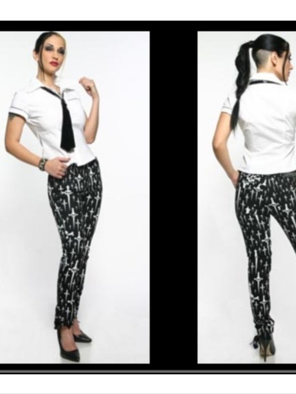 NWT LIP SERVICE Black/White All-Over Skull Dagger Print Lace-Up Skinny Jeans- 28